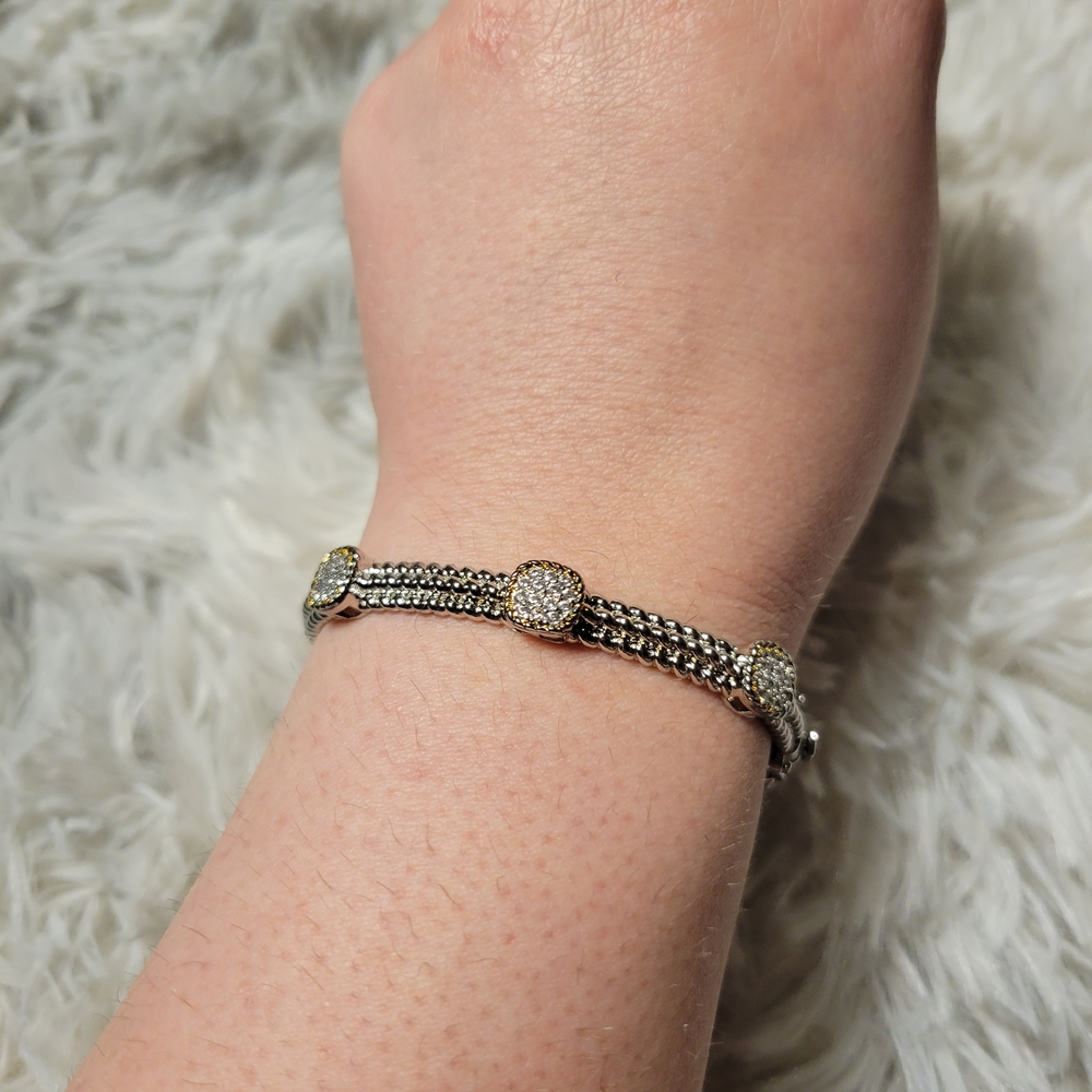 Fine Silver Plated Crystal Accent Bangle Bracelet – Dual Tone, New w/ Tag (A004)